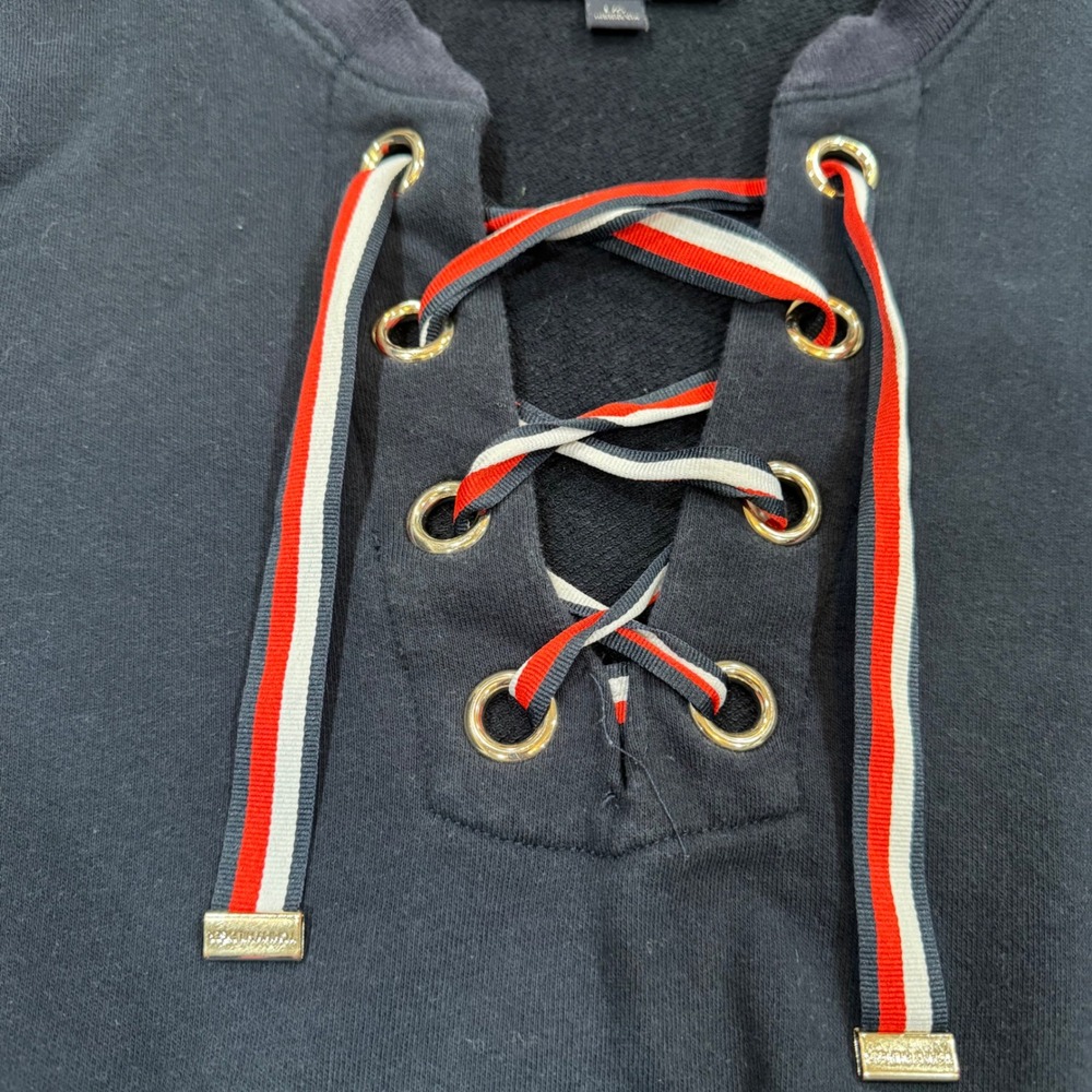 Tommy Hilfiger Womens Navy Blue Lace Up Sweatshirt Striped Hem TJIKGK059C L - Picture 7 of 11